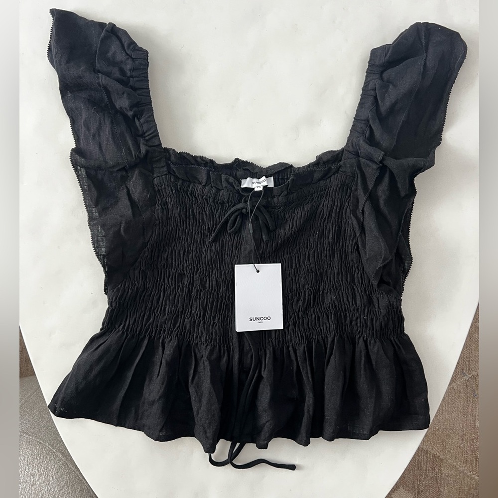 NWT SUNCOO PARIS Black Smocked Peplum Linen Blend Babydoll Flutter Sleeve Top T3 - Picture 2 of 9